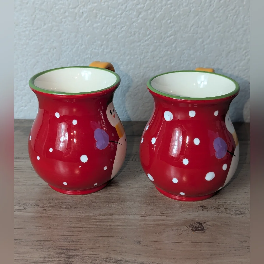Pier 1 Imports  Christmas Snowman Coffee Mugs  Hand Painted Pair